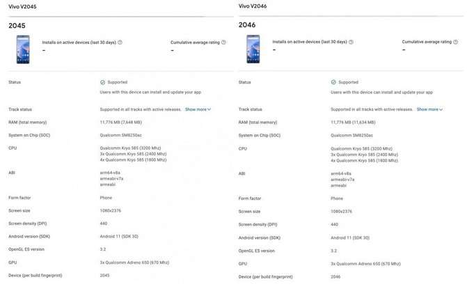 Vivo X60 and Vivo X60 Pro on Google Play Console listing